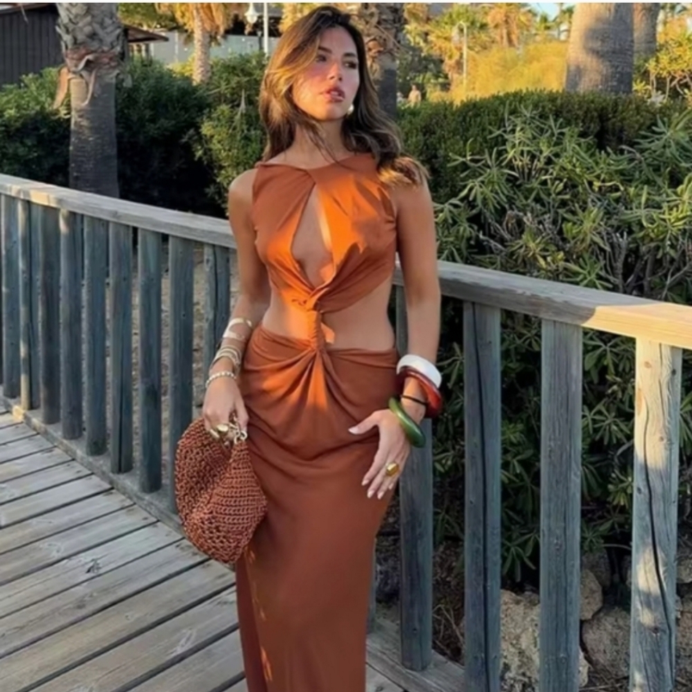 Zara Cut Out Maxi Dress Brown SizeM - Picture 8 of 13